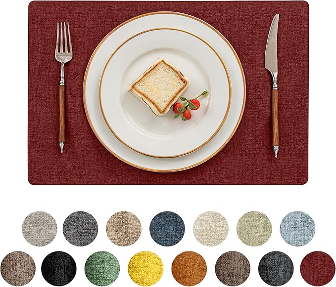 Romanstile Vinyl Placemats Set of 4-12 X 17 Inch - Faux Leather 100% Waterproof Oil-Proof Wipeable Place Mats, Heat Resistant Reversible PU Table Mats for Kitchen Dining Party Outdoor, Red