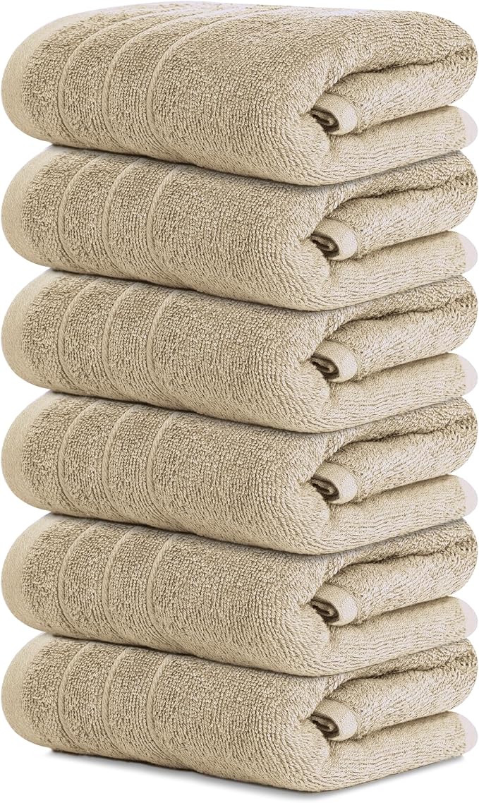 Tens Towels Pack of 6 Hand Towels, 100% Cotton, Lighter Weight, Quick to Dry, 16 x 28 Inches, Super Soft & Absorbent, Perfect for Bathroom & Kitchen (Beige)