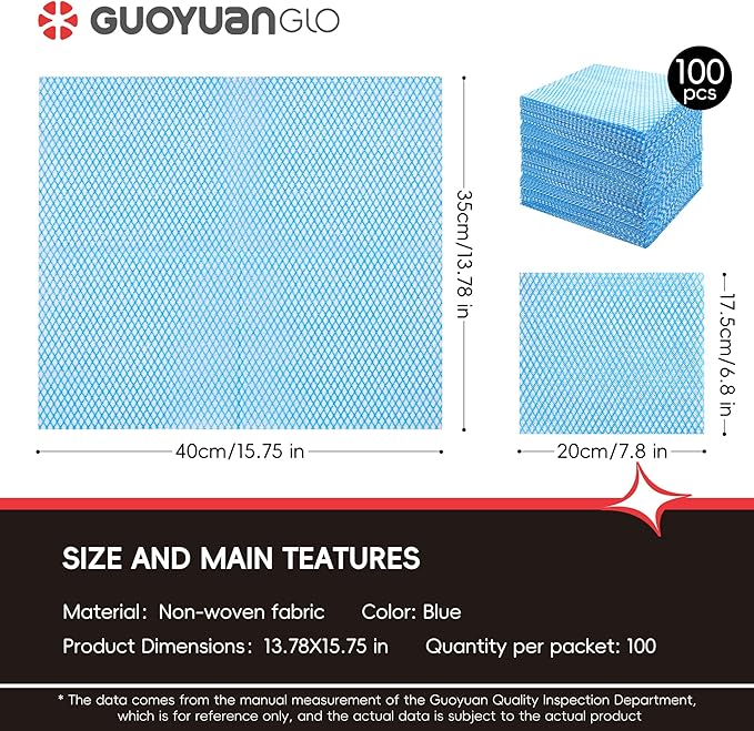 GUYUANGLO Disposable Dish Cloths Heavy Duty Disposable Cleaning Towels and Dish Cloths Dish Rags for Kitchen,13.78 x 15.75 inches- 100 Counts/Pack,Blue