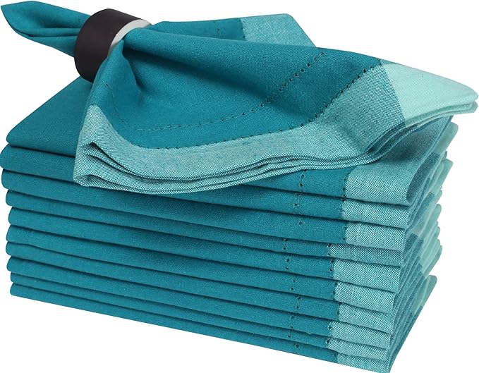 Homidate Cotton Cloth Dinner Napkins Set of 12 – 20x20 Teal Multi Double Hemstitched – Machine Washable Reusable Fabric Napkins for Weddings & Dinner Tables