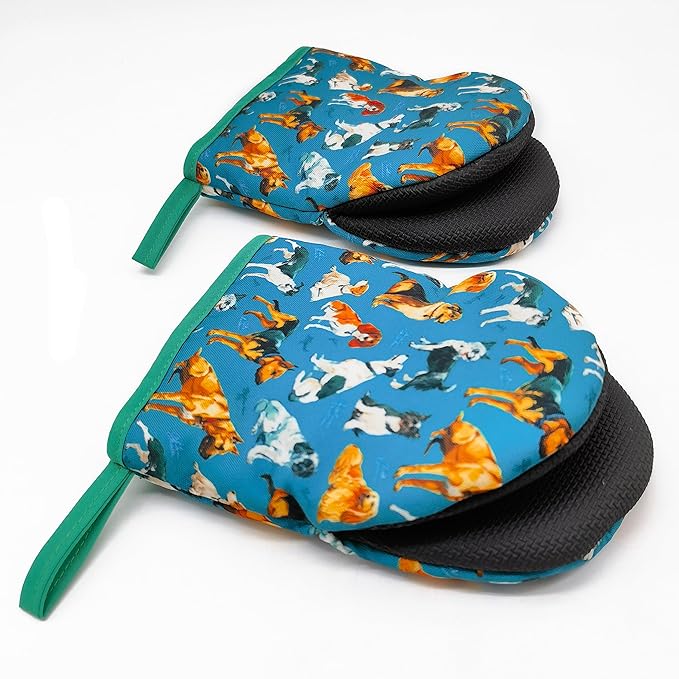 Nice Dog Printing Oven Mitts, High Heat Resistant Kitchen Oven Gloves, Mini Silicone Oven Mitts, Non-Slip Grip Surfaces and Hanging Loop for Grilling, Baking, Cooking and Microwave, Gift