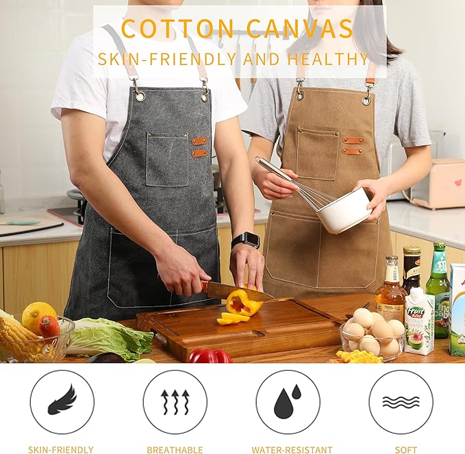 Tosewever 2 Pack Canvas Cross Back Chef Apron for Men Women with Pockets, Cotton Tool Aprons for Cooking Kitchen BBQ Artist