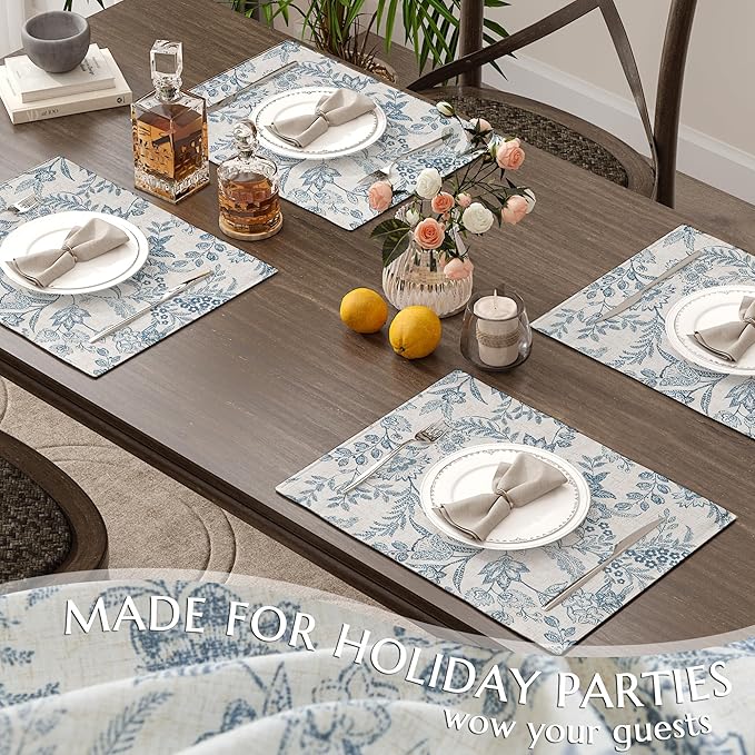 JINCHAN Linen Floral Placemats Set of 4 Cloth Table Mats Rustic Cottagecore Botanical Outdoor Seasonal for Kitchen Dining Table Decor Non-Slip Washable Tablemats 13x19 Inch Blue