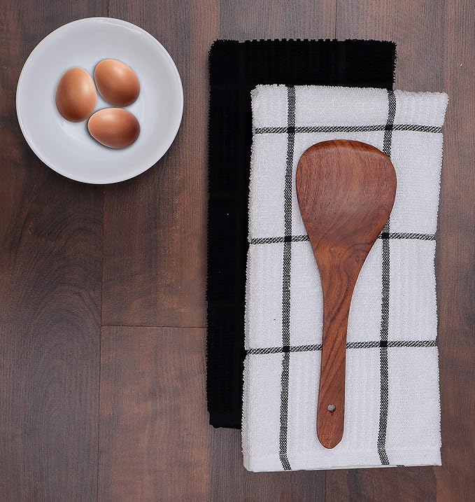 AMOUR INFINI Kitchen Towels Pack of 4, Terry Cotton Dish Towels, Ultra Absorbent, Quick Drying Hand & Tea Towels, Soft Durable Cleaning Cloths with Hanging Loop, 16 x 26 Inch (Black)