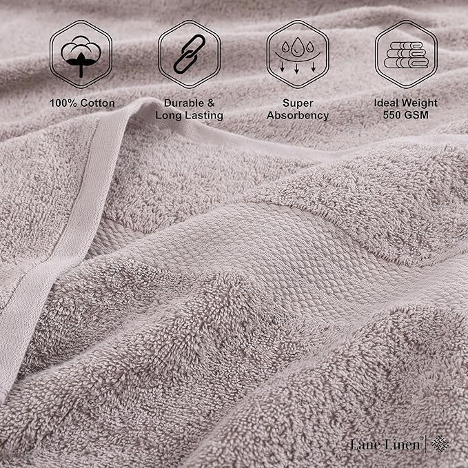LANE LINEN 100% Ring Spun Cotton Bathroom Towel Set - 6 Piece - Soft, Quick Dry & Highly Absorbent - 2 Bath, 2 Wash cloths, 2 Hand Towels - Ideal for Guests & Perfect for Bathroom decor - Platinum