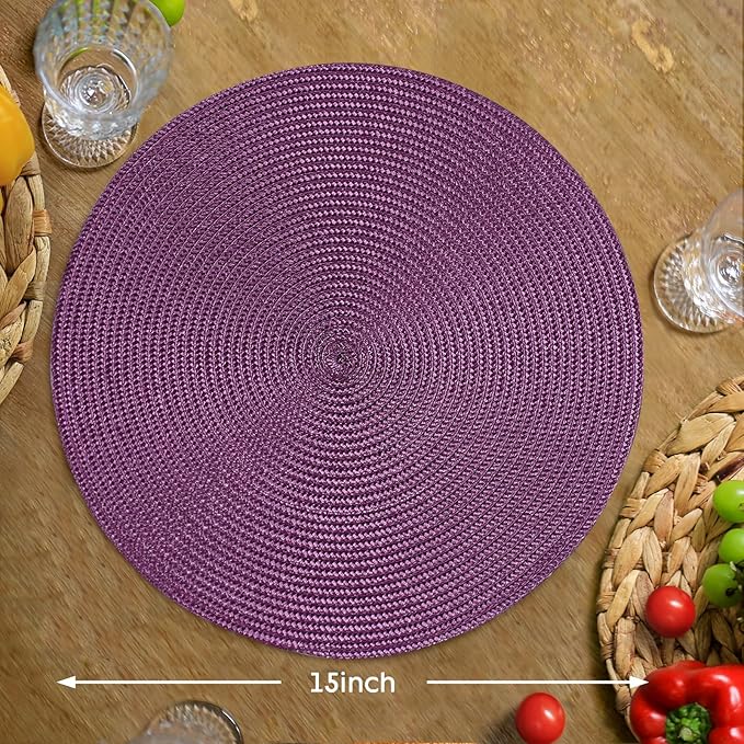 FunWheat Round Braided Placemats Set of 4 Table Mats for Dining Tables Woven Washable Non-Slip Place mats 15 inch(Purple,4pcs)