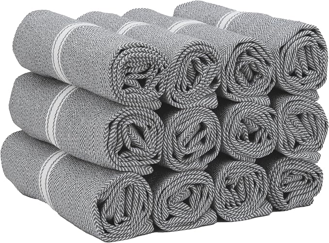 TEXAS LINEN CO. Cotton Kitchen Towels 12 Pack - 15 x 25 Inches - Highly Absorbent Dish Towels for Kitchen Drying, Soft Durable Reusable Quick Dry Tea, Kitchen and Dish Cloths Set - Grey Chambray
