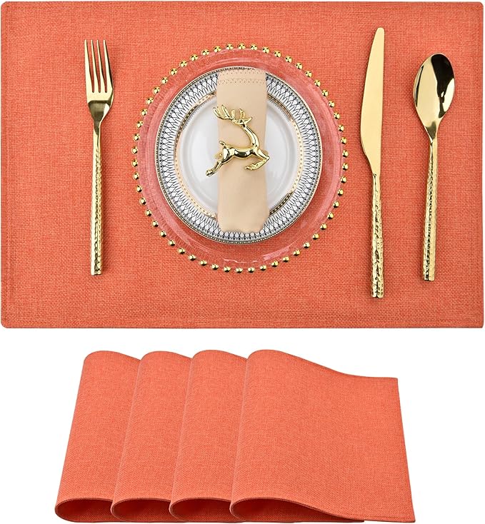 SLKQG Orange Linen Fabric Placemats Set of 4 - Heat Resistant & Machine Washable Table Mats for Holiday Dining, Double-Layered Placemats for Family Gatherings (4, Orange)