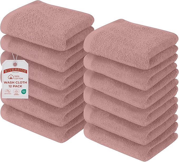 RIVERSIDE Pack of 12 Washcloths, 12 x 12 Inches, 100% Cotton, Premium Flannel Face Cloths, Highly Absorbent & Soft Feel Fingertip Towels (Blush Pink, 12 Pack)