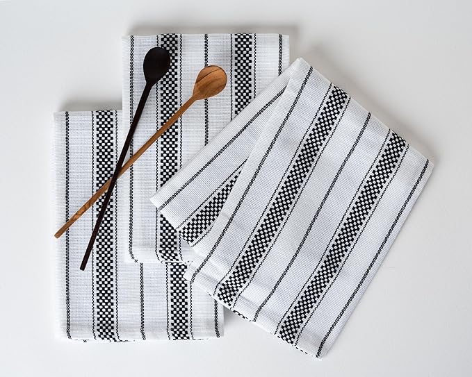 Kitchen Towels Set – Pack of 3 (20’’ x 30’’) Extra Large Premium Cotton Dish Towels for Kitchen – Chain Stripe Towels – Absorbent – 100% Cotton – with Hanging Loop – Black