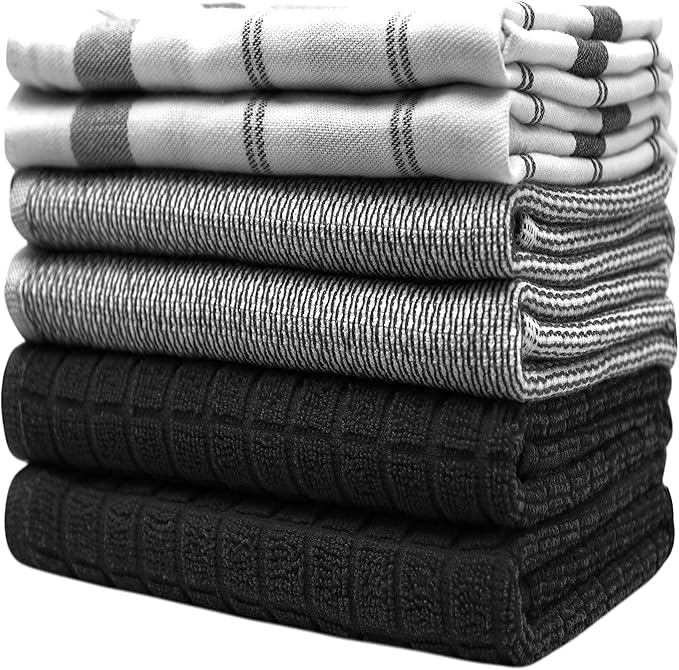 Premium Kitchen Towels (20”x 28”, 6 Pack) | Large Cotton Dish Towels | Flat & Terry Highly Absorbent Kitchen Linen Set with Hanging Loop | Black Check