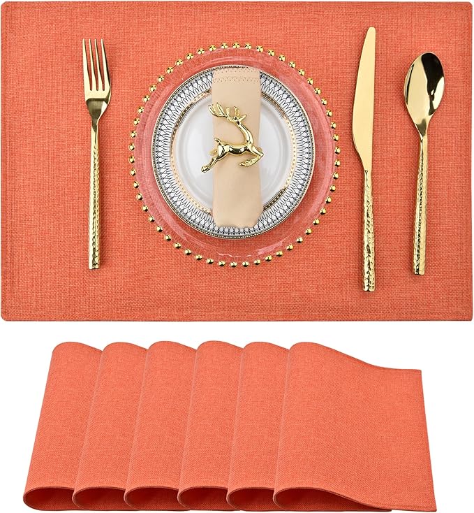SLKQG Orange Linen Fabric Placemats Set of 6 - Heat Resistant & Machine Washable Table Mats for Holiday Dining, Double-Layered for Family Gatherings - Indoor Outdoor Use (6, Orange)