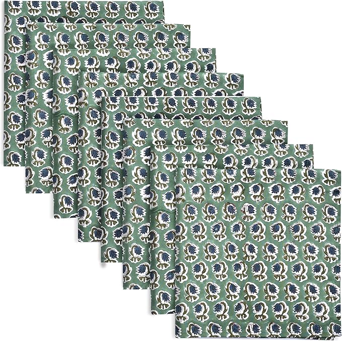 Ridhi Basil Green Hand Block Print 100% Cotton Napkins 18" x 18" (Set of 8) Reuseable Kitchen Napkins Cloth Decor Dinner Party Wedding Cocktail Gift for Spring, Easter, Valentine