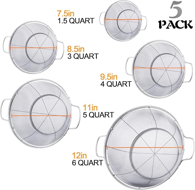 5 Pack 18/8 Stainless Steel Colander Sieves, Multi Size Mesh Strainer Net Baskets with Handles & Resting Base for Strain, Drain, Rinse or Steam