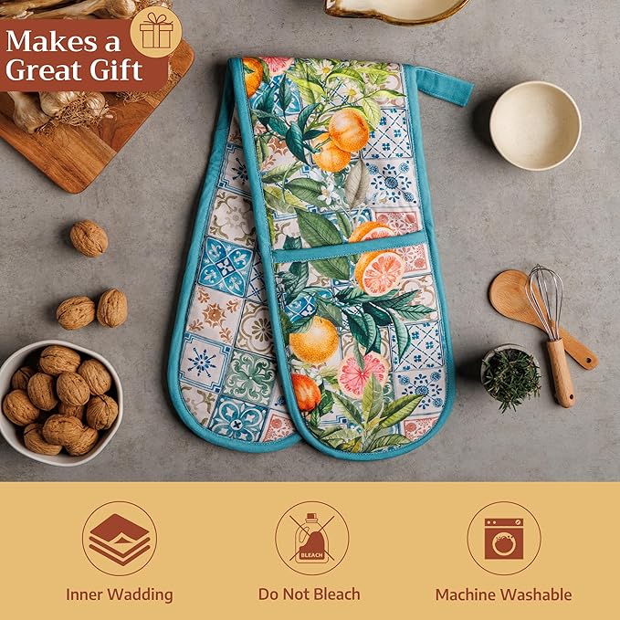 Maison d' Hermine Double Oven Mitts 100% Cotton 7"x35" Double Oven Mitt Heat Resistant BBQ Cooking Gloves with Loop Baking Grilling Gifts for Mothers Day Spring Summer (Agrume)