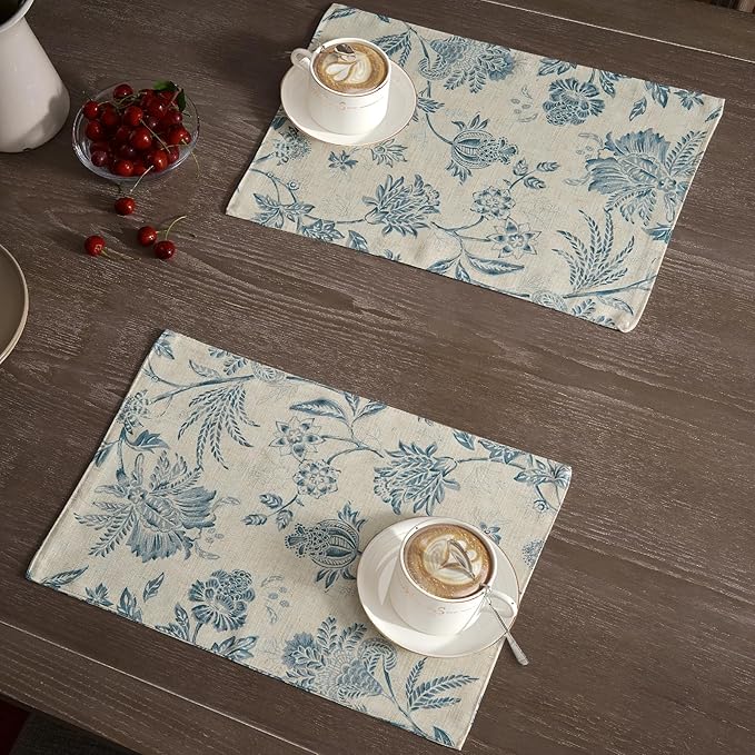JINCHAN Linen Floral Placemats Set of 4 Cloth Table Mats Rustic Cottagecore Jacobean Outdoor Seasonal for Kitchen Dining Table Decor Washable Tablemats 13x19 Inch Blue