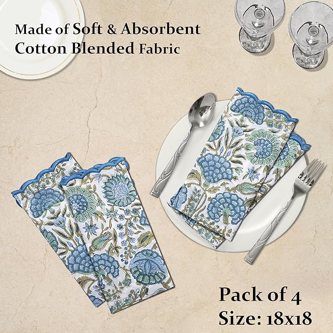 Ridhi Hand Block Print Asparagus Green 18" x 18" (Set of 4) Embroidery Table Napkins Reusable Cotton Dinner Napkins for Weddings, Parties, Everyday Dining Gift for Spring, Easter, Valentine