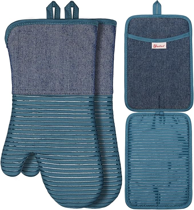 Yutat Oven Mitts, Pot Holders Set of 4 Made with Pure Cotton and Food Grade Non-Slip Silicone - 500 F Heat Resistant Oven Mitts and Pot Holders Sets for Kitchen Cooking (4pcs Set, Pc Blue and Denim)