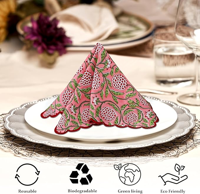 Ridhi Hand Block Print Strawberry Pink 18" x 18" (Set of 4) Embroidery Table Napkins Reusable Cotton Dinner Napkins for Weddings, Parties, Everyday Dining Gift for Spring, Easter, Valentine