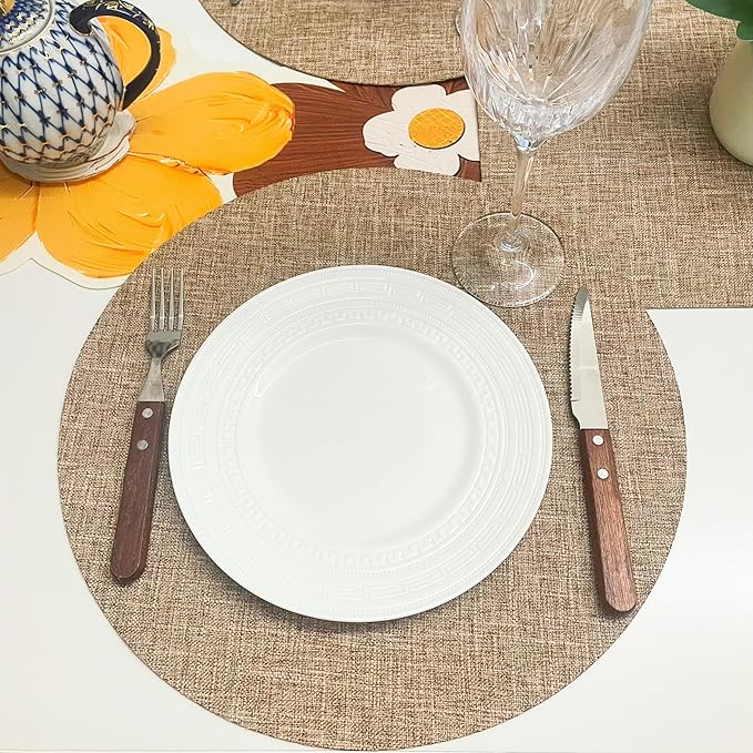 SLOW COW Round Place Mats Set of 4 Linen Placemats for Dining Table Machine Washable 15 inches Natural Linen