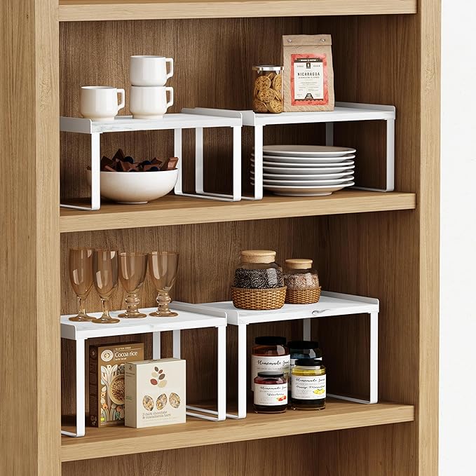Goozii White Marble Kitchen Counter Shelf Organizer, Modern Dish Plate Organizer for Cabinet Space Saver, Small Wood Stackable 2 Tier Office Desktop Shelf Risers for Books Monitor - Set of 4