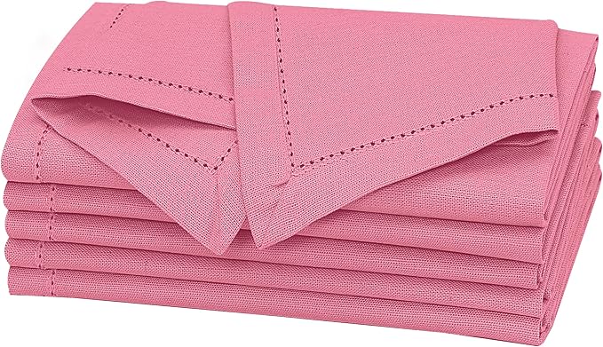 Ruvanti Premium Linen Napkins Set of 4-20x20 Inch, Classic Hemstitch, Mitered Corner Cloth Napkins ‎‎- Soft, Elegant Dinner Napkins Cloth Washable for Weddings, Parties, Everyday Use - Pink
