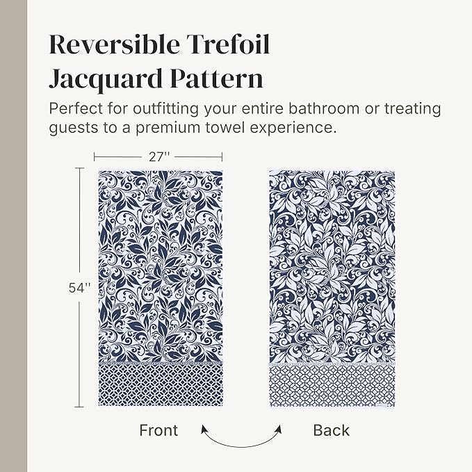 Modern Threads Botanical Vine 6-Piece 100% Cotton Towel Set – Reversible Yarn Dyed Jacquard – Includes 2 Bath Towels, 2 Hand Towels, 2 Washcloths – Absorbent, Quick Dry, Soft & Durable – Navy