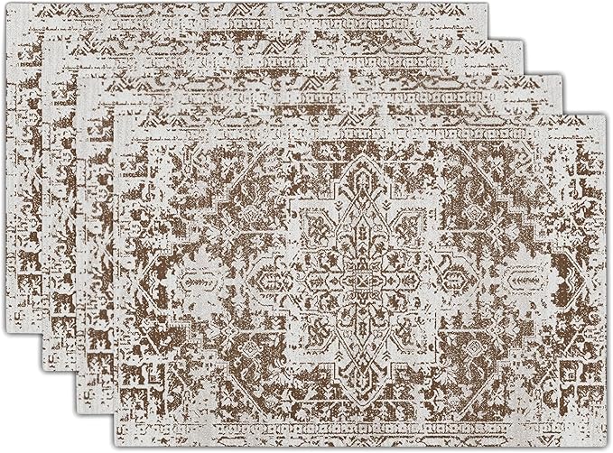 aportt Gray Brown Boho Placemats Set of 4 Ethnic Bohemian Carpet Place Mats Washable Kitchen Dining Vintage Grey Geography Floral Linen Table Mats Stain Heat-Resistant for Home Party Indoor 12x18 in