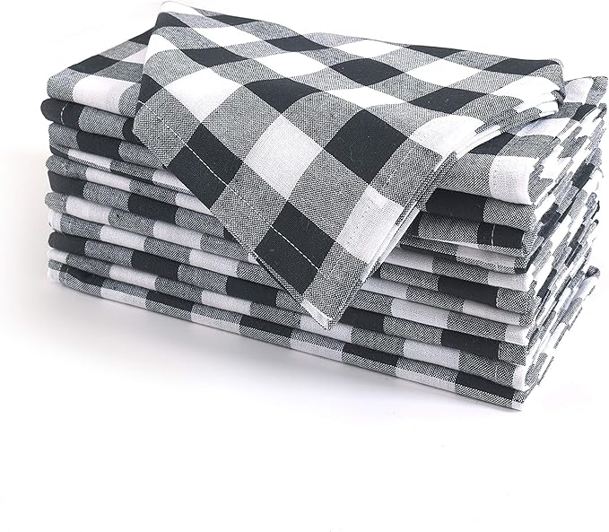 FINGERCRAFT Cloth Napkins, Everyday Use, Premium Quality, Cotton Buffalo Plaid, Set of 12, 20X20 Inch Oversized Napkins Cloth Mitered Corners, Soft, Durable Hotel Quality Black White Checkered
