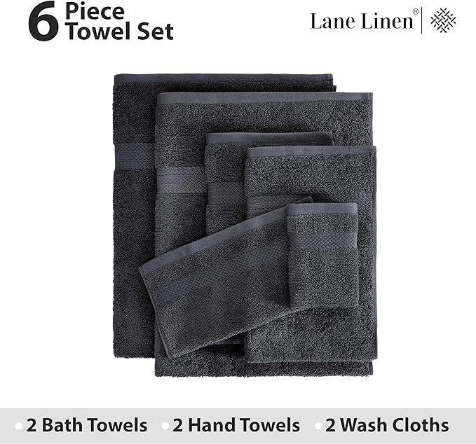 LANE LINEN 100% Cotton Towel Set for Bathroom - 6 Piece - Super Soft, Hotel Quality - 2 Bath, 2 Wash cloths, 2 Hand Towels for Bathroom - Classic, Gentle on Skin, Ideal for Spa & Daily Use - Black