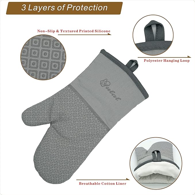 Yutat Oven Mitts - Oven Mitts and Pot Holders Sets Made of Non-Slip Silicone & BPA-Free Silicone, High Heat Resistant 500 Degrees, Perfect for Kitchen Cooking Baking BBQ, 4Pcs Set, Light Grey