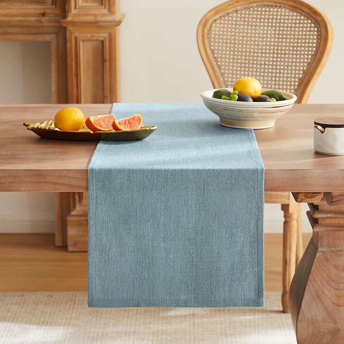 ZeeMart Rustic Cotton Linen Table Runner, 13x48 Inches River Blue, Farmhouse Style Blue Table Runners 48 Inches Long, Washable Kitchen Dining Table Decoration for Home Party Decor