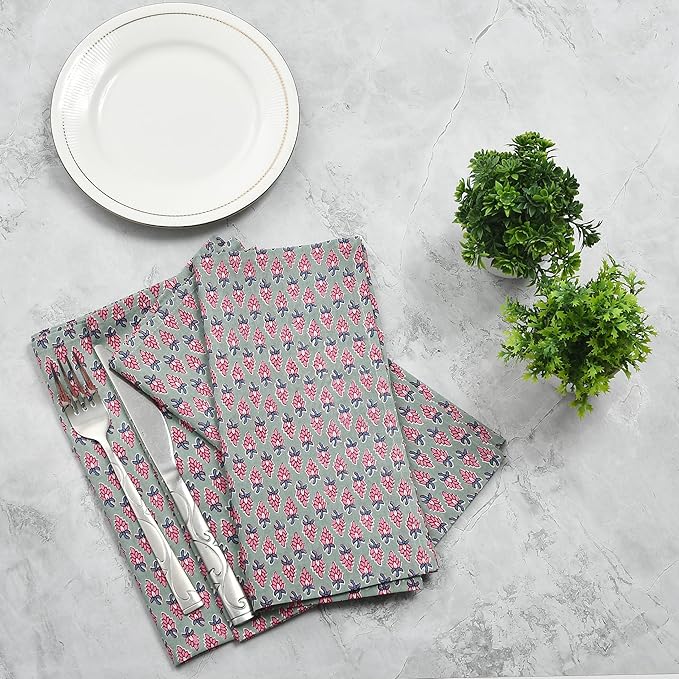 CPC Grey Teal Indian Block Print Cotton Cloth Napkins Set of 4, 18x18 Reusable Everyday Napkins, Soft, Absorbent, Floral Dinner Napkin, Holiday, Party Gift, Spring,Mother's Day