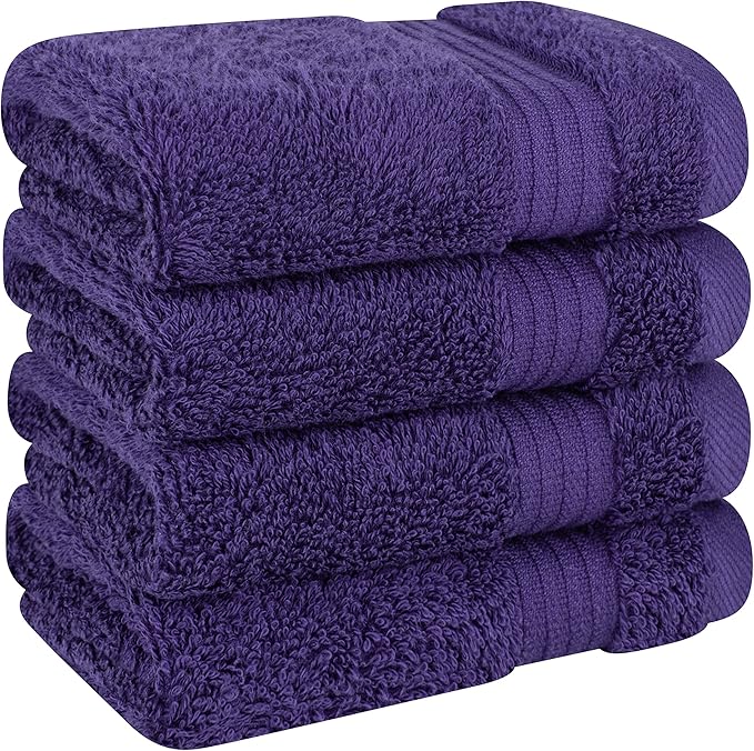 Cotton Paradise 100% Cotton Turkish Washcloth Set for Bathroom, 4 Piece Soft Absorbent Small Towels Wash Rags, Purple