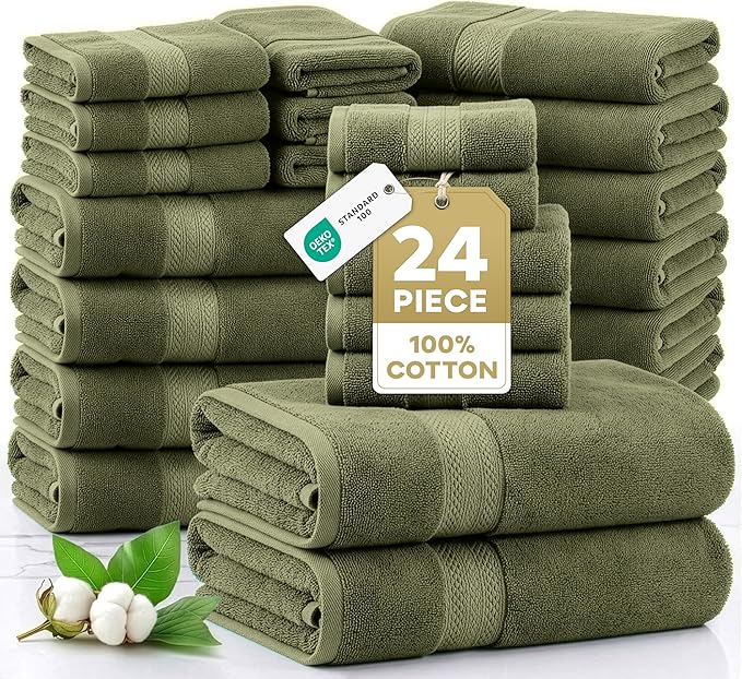 LANE LINEN Cotton Towels for Bathroom - 24 PCs - Highly Absorbent, Durable & Soft - 4 Bath, 4 Fingertip, 6 Hand Towels, 8 Washcloths, 2 Bath Sheets - Family Bundle Pack - Oil Green