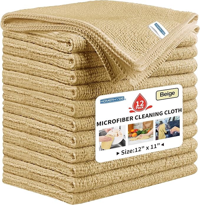 Microfiber Cleaning Cloth, 12 Pack Biege Cleaning Rags,12" X 11" Lint Free Dish Towels Wash Cloths, Reusable Microfiber Towels for Home and Kitchen Bathroom Apartment Cleaning Supplies