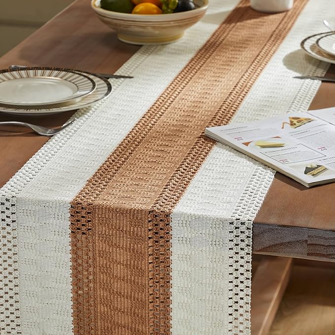 ZeeMart Macrame Style Bicolor Stitching Table Runner, 14 x 48 Inch Caramel/Ivory, Boho Caramel Table Runners 48 Inches Long, Farmhouse Woven Home Decor