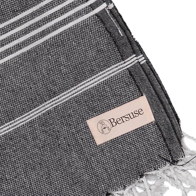 Bersuse Towels Anatolia XL Beach Blanket Throw Blanket Turkish Towel 100% Cotton Extra-Large Quick-Dry Lightweight Premium Peshtemal Towel - 61x82 Inches, Black (Set of 3)