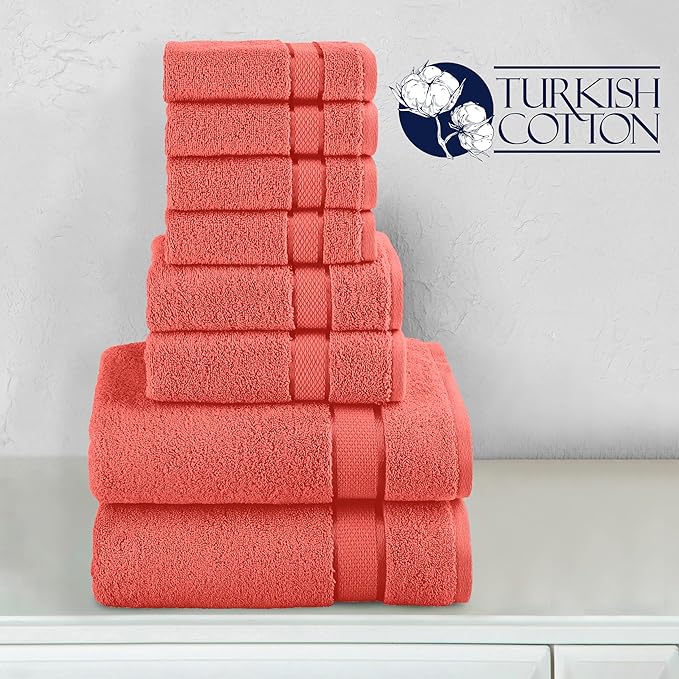 Elegant Comfort Premium Cotton 8-Piece Towel Set, Includes 4 Washcloths, 2 Hand Towels and 2 Bath Towels, 100% Turkish Cotton - Highly Absorbent and Super Soft Towels for Bathroom, Coral