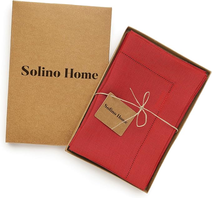 Solino Home Red Linen Napkins Set of 4-100% Pure Linen Hemstitch Dinner Napkins 20 x 20 Inch for Mothers Day, Memorial Day - Classic Hemstitch