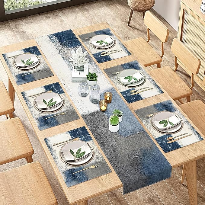 ArtSocket Farmhouse Table Runner and Placemats Set of 6, Abstract Blue Grey Painting Art Dining Decor for Daily Use(1 Table Runner 72 inches Long and 6 Placemats)