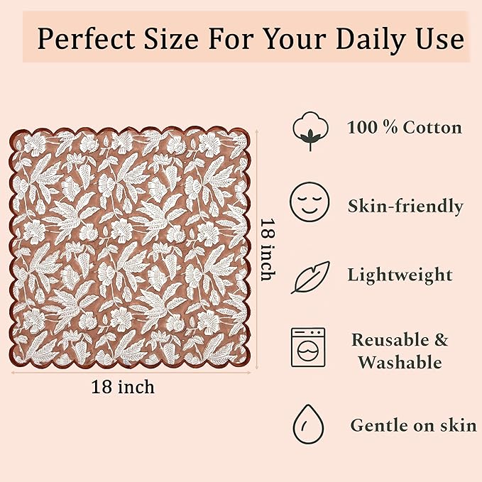 Ridhi Hand Block Print Oak Brown 18" x 18" (Set of 4) Embroidery Table Napkins Reusable Cotton Dinner Napkins for Weddings, Parties, Everyday Dining Gift for Spring, Easter, Valentine