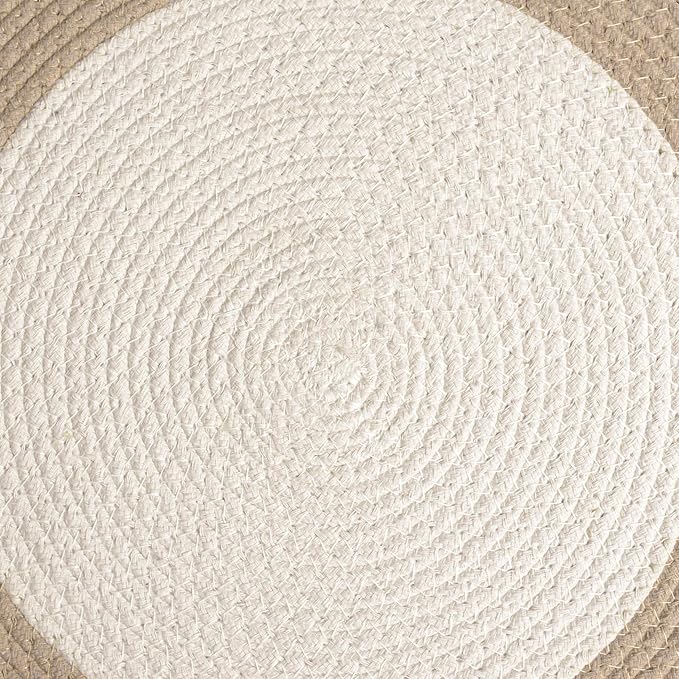 Encasa XO Dining Placemats Set of 4 | Cotton Round Table Mat - 13 in Diameter | Off White & Beige | Handmade Rib Style Chargers for Dinner Plates