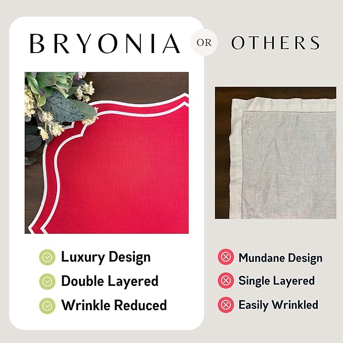 Cotton Linen Placemats Set of 4 - Double Layered, Machine Washable, Scalloped & Embroidered Cloth Table Mats - Luxury Gift for Wedding, Birthday & Mother's Day 19 x 17 inch, Red