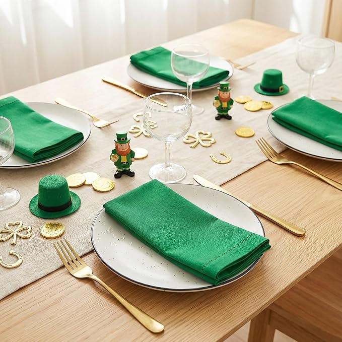 PurpleEssences Set of 12 Hemstitch Cloth Dinner Napkins 100% Cotton - Soft Durable Washable - Ideal for Wedding St Patricks Day - Perfect Everyday Use Table Linen 18x18 - St Patricks Green