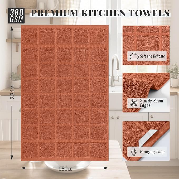 Homaxy Premium Kitchen Towels 18"x28", 4 Pack Large Cotton 380 GSM Dish Towels, Soft and Absorbent Kitchen Hand Towels with Terry Grid Design, Utility Tea Towel Set with Hanging Loop, Rust