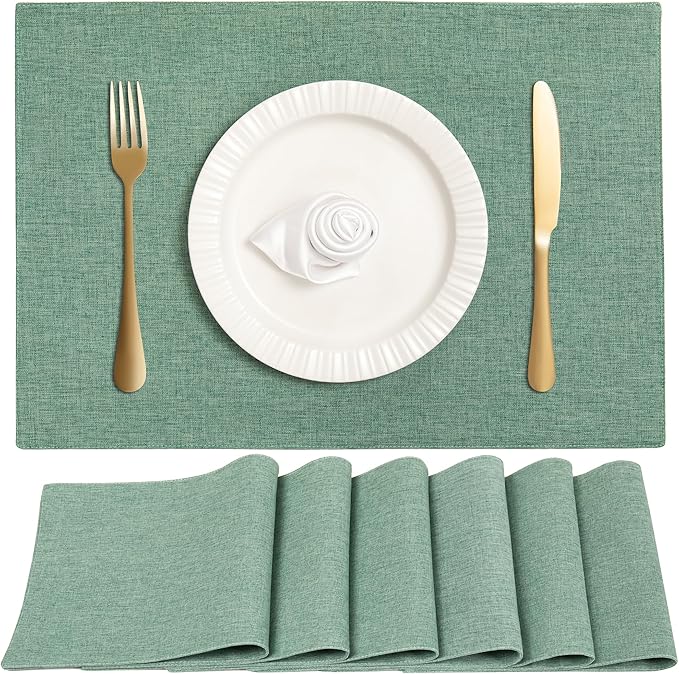Linen Cloth Double Layers Placemats, Cotton Woven Placemats Set of 6, Kitchen Table Farmhouse Decor Heat Resistant Table Mats, Outdoor Indoor Square Fabric Place Mats Can be Washable (Light Green)