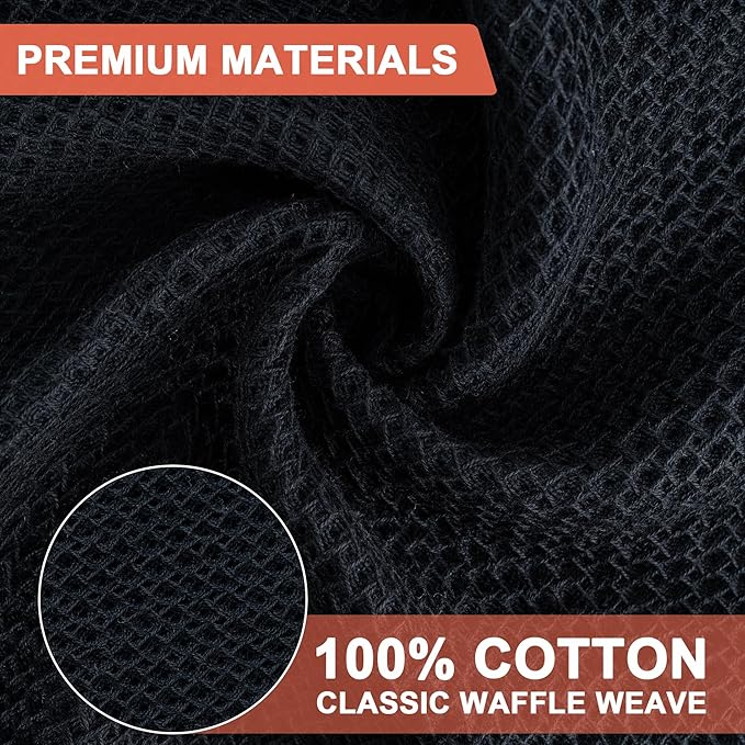 BOOMIBOO 4-Pack Dish Towels, 100% Cotton Waffle Weave, Ultra Soft Absorbent, Quick Drying, Black, 13x28 Inches