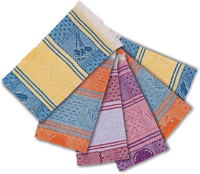Jacq & Jürgen – Set of 6 Multicolor Cotton Cloth Napkins – 22"x18" – Dinner Table Linens or Tortilla Warmer Cloths - 100% Cotton - Premium materials (6MexicanKitchenMulticolor)