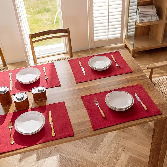 Demetex Placemats Set of 4 Heat Resistant Red Linen Place Mats Wipeable Cloth Placemats for Party Wedding Holiday Dinner, 13 x 19 inches, Wine Red
